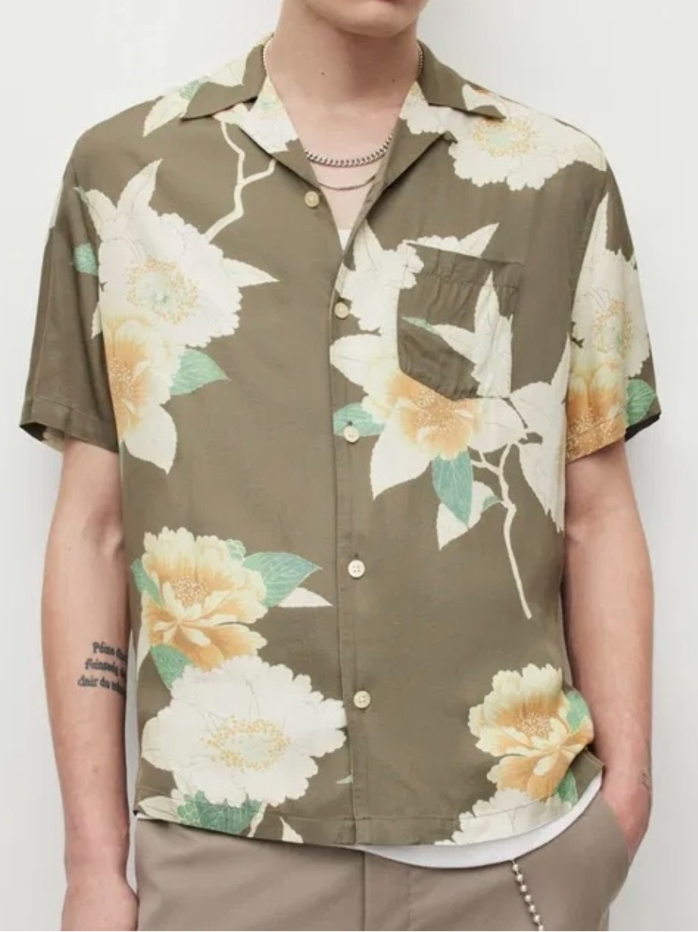 All Saints Alamein Short Sleeve Button Down Shirt Men XXL Relax Fit Floral Green